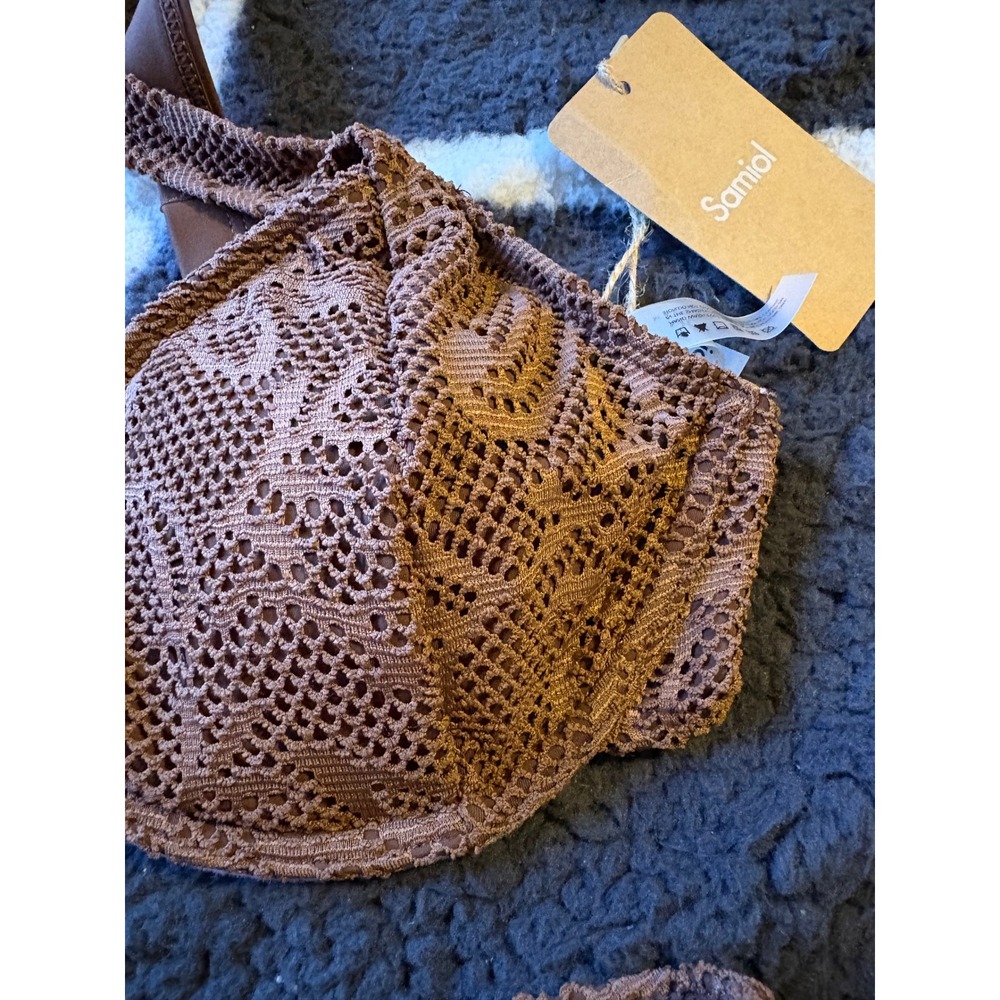 Samiol Women Brown Crochet Lace Underwire Bikini Set High Cut Swimsuit Large NWT - Picture 7 of 7